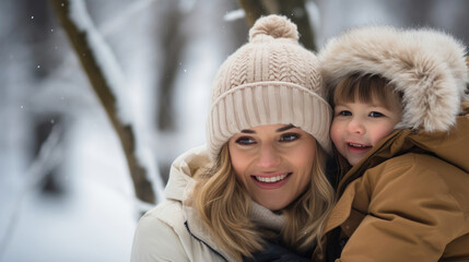 Fototapeta premium A joyful moment of a smiling woman warmly dressed in winter clothing, holding a cheerful young child, both enjoying a snowy day outdoors.
