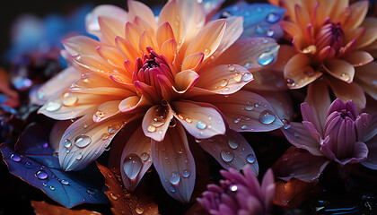Vibrant colored daisy blossom in wet springtime generated by AI - obrazy, fototapety, plakaty