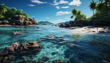 Fototapeta na wymiar Tropical climate, blue wave, tranquil scene, palm tree generated by AI