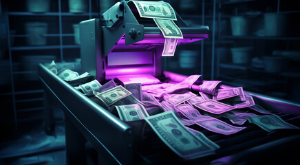 Printing Money Dollars Of Usa Bills On A Print Press Machine In Typography In Neon Light Finance, Tax, Stock Market And Investment, Making Money Concept. Inflation Or Crysis. Ai Generated - obrazy, fototapety, plakaty