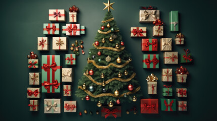 Beautifully decorated Christmas tree surrounded by a multitude of elegantly wrapped gifts, set against a rich teal background.