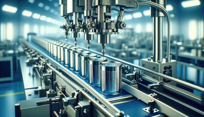A close-up of a high-tech industrial production line for canned products with a single row of shiny metal cans moving along a conveyor belt
