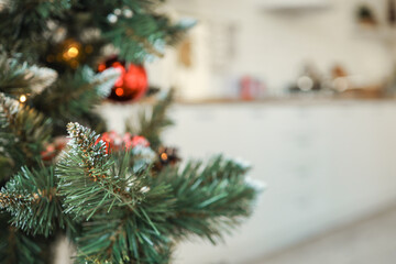 Decorated Christmas tree on blurred background