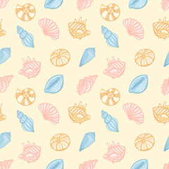 Seamless pattern of sea shells in pastel colors on a pale yellow background. Vector