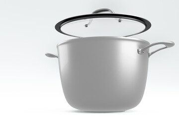 Stainless steel cooker with lid and chrome cookware on white background