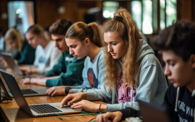 Teen students learning on laptop computers in ful modern classroom with wooden desks