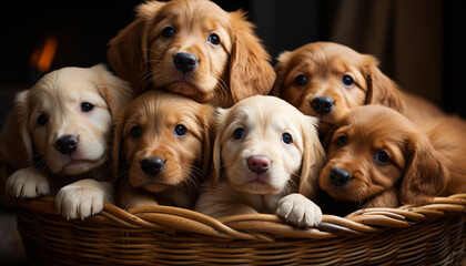 Cute puppy sitting in a basket, looking at camera generated by AI