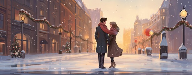 happy couple on winter street romantic illustration - obrazy, fototapety, plakaty