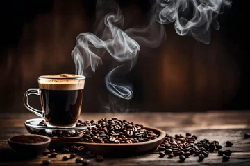   the rich aromas of coffee in an photograph, presenting a glass cup resting on an old wooden background, adorned with rising smoke and scattered coffee beans, setting a warm and inviting visual,. © Haseeb