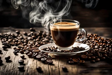 Tuinposter Craft a high-definition image showcasing a glass cup of aromatic coffee on weathered wooden surfaces, surrounded by billowing smoke and scattered coffee beans, evoking a rich and inviting ambiance,. © Haseeb