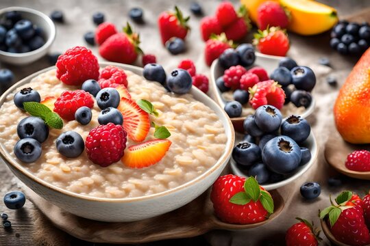Capture the delightful aesthetics of a nutritious breakfast with an image showcasing a bowl of oatmeal porridge adorned with a variety of fresh and vibrant berry fruits,.
