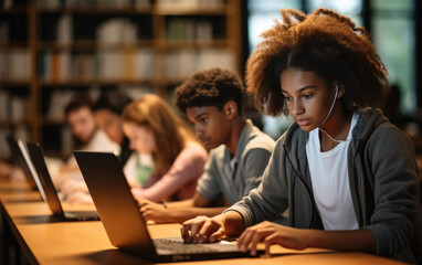 Teen students learning on laptop computers in ful modern classroom with wooden desks