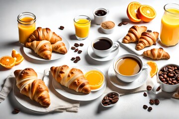 croissants, orange juice, coffee and marmalade on white background