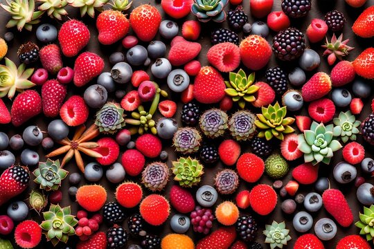 A detailed image highlighting a selection of succulent and vibrant berries, each showcasing its unique colors and textures, inviting an appetizing and visually rich composition,.