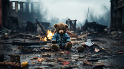 a teddy bear with a pacifier in war ruins