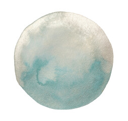 Silver, blue ink metallic watercolor paper grain texture stain circle blot on white background.