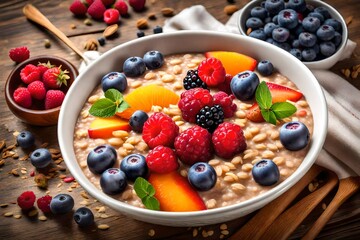 A detailed image highlighting a nourishing oatmeal porridge bowl embellished with an array of fresh and appetizing berry fruits, inviting vibrant colors and textures,.