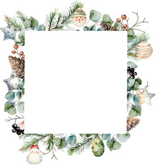 Watercolor vector winter square frame with borders made spruce, fir, cedar branches, eucalyptus, pine cones, winter berries, christmas toys. Banner. Hand drawn.Template space for text, message, sign.