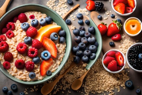 Craft a high-definition image showcasing a wholesome oatmeal porridge bowl topped with an assortment of juicy and colorful berry fruits, creating an inviting and nutritious breakfast setting,.