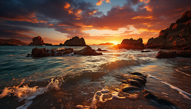 Sunset over the rocky coastline, nature beauty reflected in water generated by AI © Stockgiu