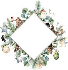 Watercolor vector winter rhombus brilliant silver frame with borders made spruce, fir branches, eucalyptus, pine cones, winter berries, christmas toys. Banner. Hand drawn.Template space for text.