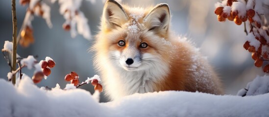 Obraz premium winter forest surrounded by a snowy landscape a cute animal with red fur and captivating green eyes stands against a background of majestic trees highlighting the stunning beauty of natures