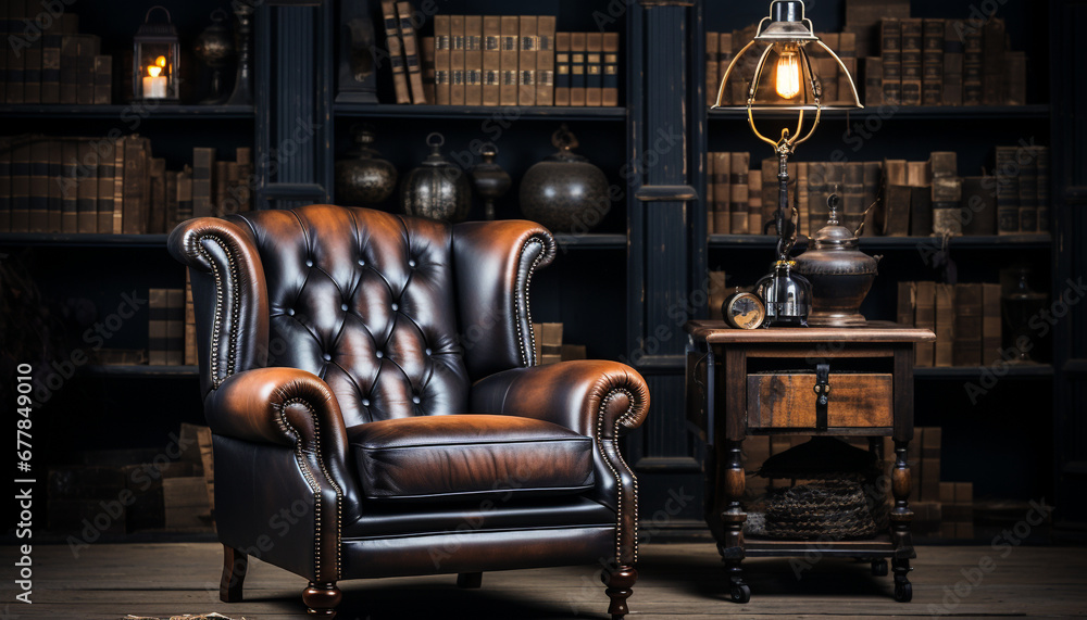 Poster Luxury old fashioned library with comfortable leather armchair and bookshelf generated by AI