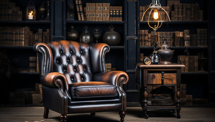 Luxury old fashioned library with comfortable leather armchair and bookshelf generated by AI