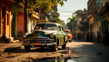 Old fashioned vintage car in Cuban culture, an old land vehicle generated by AI