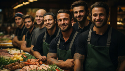 Group of people smiling, looking at camera, cooking outdoors generated by AI