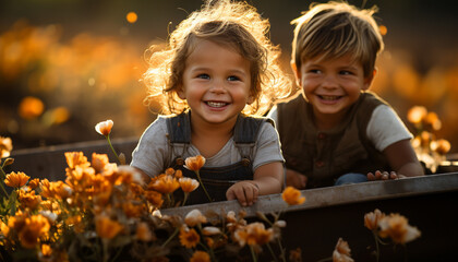 Smiling child, outdoors, happiness, nature, cute, autumn generated by AI