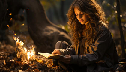 Obraz premium A young woman sitting outdoors, reading a book in autumn generated by AI