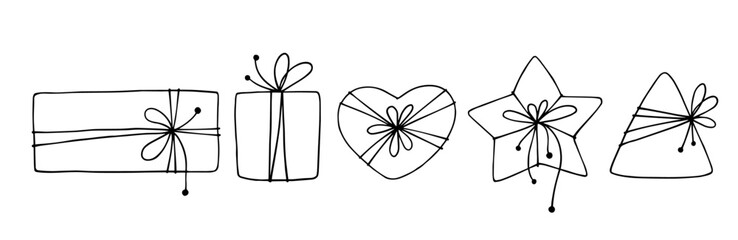 Set of linear sketches, doodles of holiday gifts. Vector graphics.