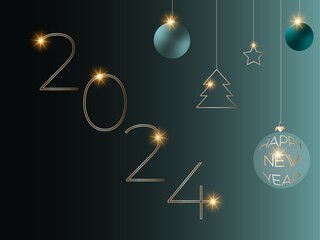 Happy new 2024 year. Elegant gold text with light. Minimalistic text template.	