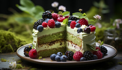 Fresh berry cheesecake on a wooden table generated by AI