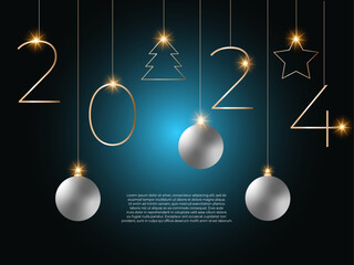 Happy new 2024 year. Elegant gold text with light. Minimalistic text template.	Ball decoration