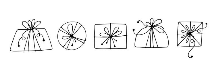 Set of linear sketches, doodles of holiday gifts. Vector graphics.