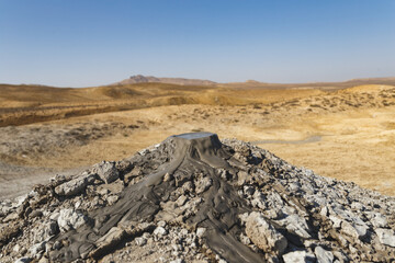 Сrater of mud volcano. Active mud volcano at Gobustan national park Azerbaijan.