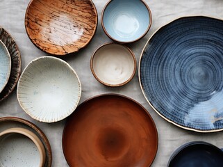 Handmade Ceramic Plates and Bowls Collection on Cloth