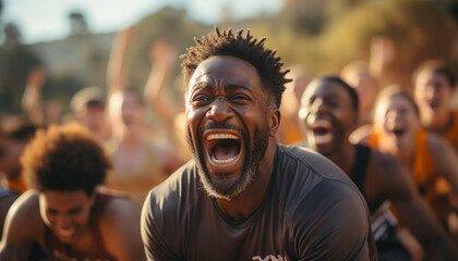 African American men smiling, enjoying outdoor sports competition generated by AI