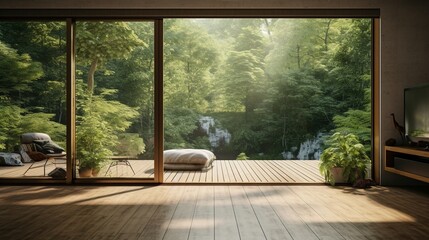 Naklejka premium Wnętrze pokoju z dużym oknem tarasowym z widokiem na ogród
