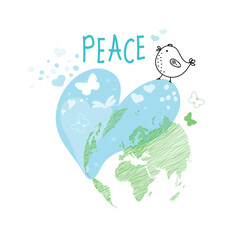 International Day of Peace. Bird, globe, flowers, heart continuous drawing. Concept of love, peace and kindness. Text. Vector web banner