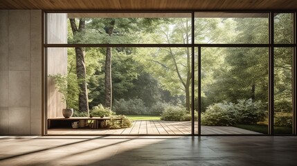 Obraz premium Wnętrze pokoju z dużym oknem tarasowym z widokiem na ogród