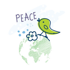 International Day of Peace. Bird, globe, flowers, heart continuous drawing. Concept of love, peace and kindness. Text. Vector web banner
