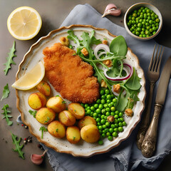 Breaded chicken cutlet with baked small potatoes and green peas, fresh rocket leaves, red onion, lemon. Top view