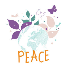 Fototapeta na wymiar International Day of Peace. Bird, globe, flowers, heart continuous drawing. Concept of love, peace and kindness. Text. Vector web banner