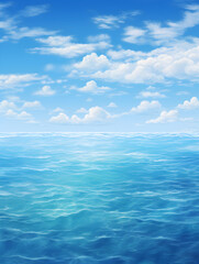 Blue ocean water and blue sky with clouds, background 