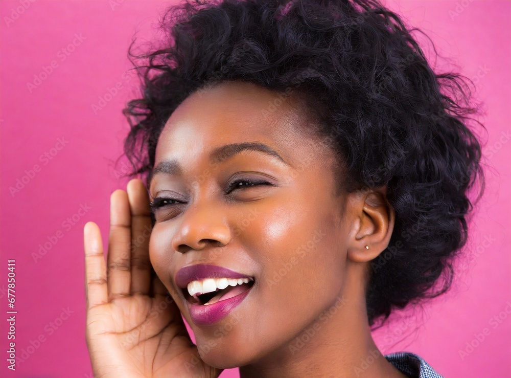 Sticker African brunette woman isolated on pink background