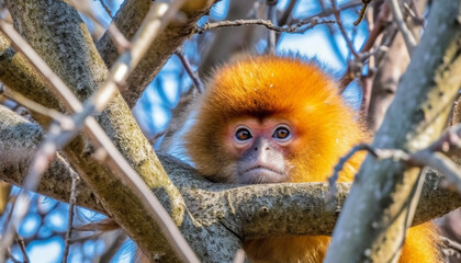 Fototapeta premium Young macaque sitting on branch, furry head looking at foreground generated by AI