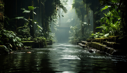 Mysterious tropical rainforest, beauty in nature wet darkness generated by AI